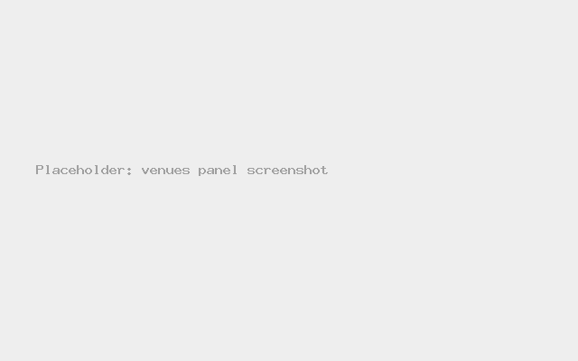 The venue switcher open, listing two venues, with the second one selected